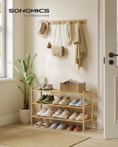 3-Tier Bamboo Shoe Rack, Stackable Entryway Shoe Organizer Shelf