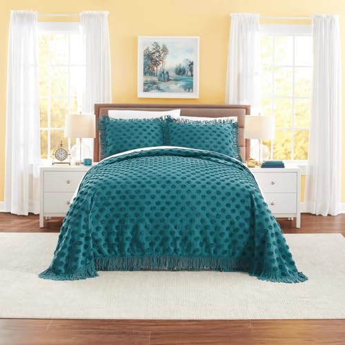 Teal Chenille Dot Bedspread with Knotted Fringe – Full Size