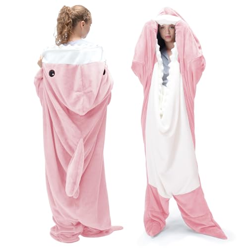 Shark Wearable Blanket Hoodie - Soft Flannel Pink Shark Onesie for Adults