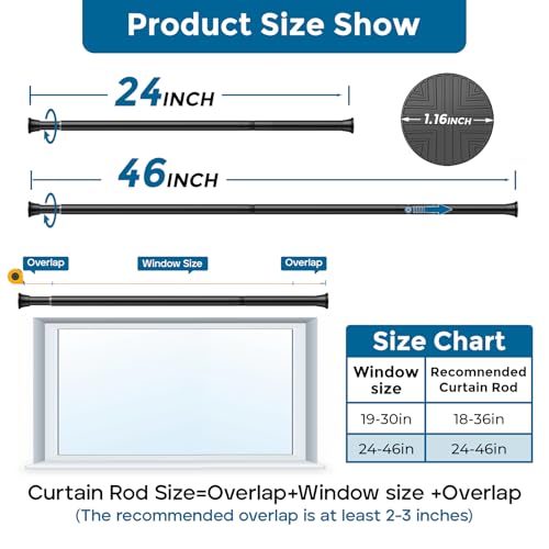 Adjustable Spring Tension Curtain Rod 24-46 Inch, No-Drill Black Steel