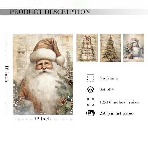 JXREQ 12x16 Vintage Christmas Wall Art Prints, Set of 4 – Santa, Trees & Snowman, Unframed