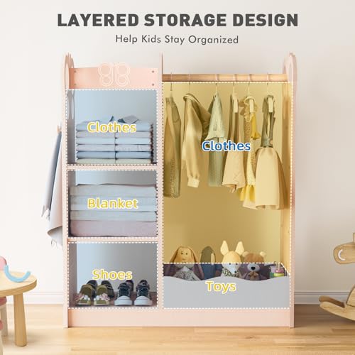 Kids Dress-Up Wardrobe with Mirror & Storage Bins, Toddler Costume Closet