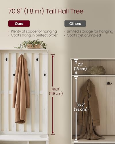 Rustic Hall Tree with Shoe Storage Bench and 7 Coat Hooks, White