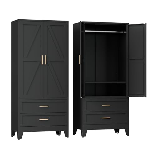 71-Inch Metal Wardrobe Closet with Drawers, Hanging Rod, and Adjustable Shelf