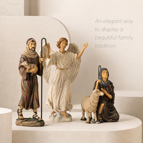Three Kings Gifts 14-Inch Nativity Add-On Set — 3-Piece Polystone Shepherds & Angel with Sheep