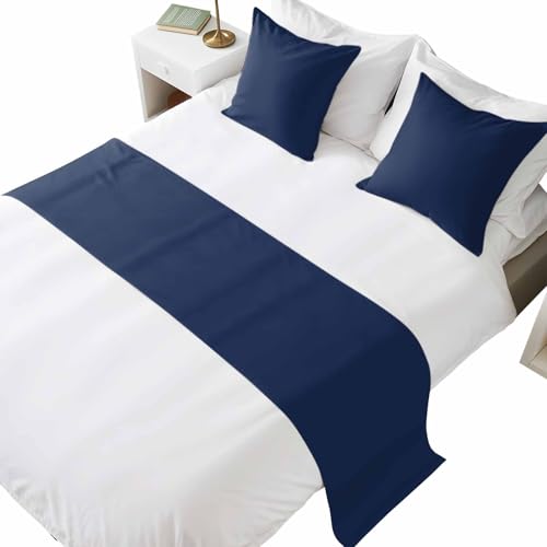 Navy Blue Bed Runner and 2 Pillow Covers Set for Queen Bed - Plush Scarf