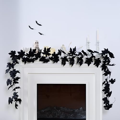 9ft Pre-Lit Black Maple Leaf Halloween Garland with Lights for Mantle