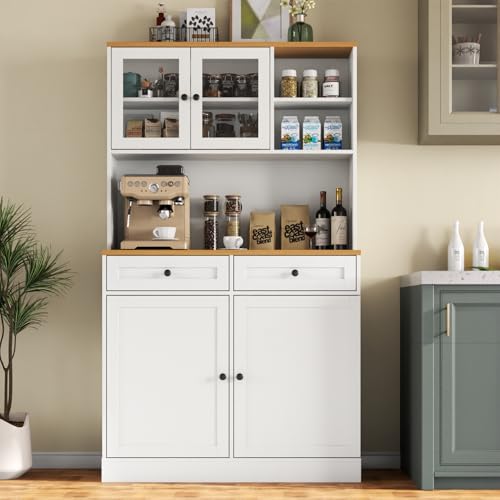 Tall Kitchen Pantry Cabinet with Microwave Stand and Glass Doors