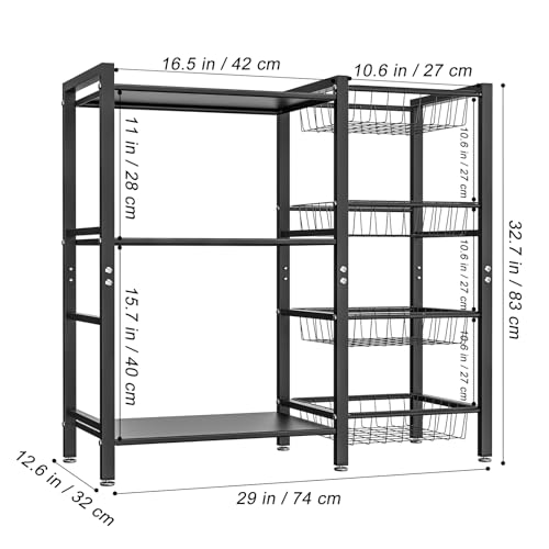 3-Tier Kitchen Baker's Rack with 4 Storage Baskets - Utility Coffee Bar Stand