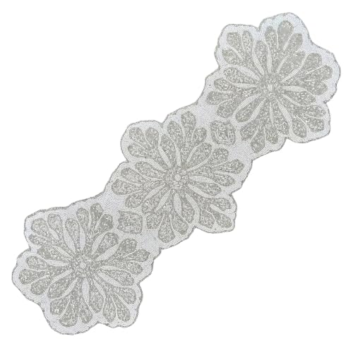 Handmade Beaded Table Runner, 13 x 36 in, Silver & White – Alpha Living Home