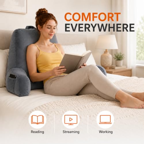 Reading Pillow with Shredded Memory Foam and Side Pockets - 19-Inch