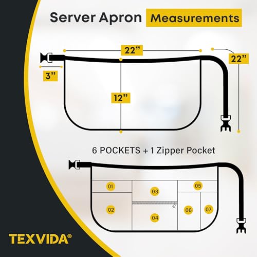 7-Pocket Server Apron with Zippered Money Pouch & Buckle Closure, Black