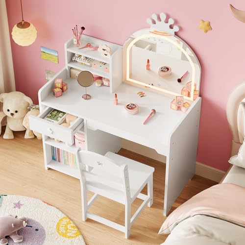 Kids Vanity Set with Lighted Mirror, Storage Cabinet, and Chair for Girls