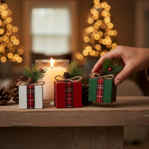 Christmas Wooden Gift Box Decor Set of 3 Holiday Tiered Tray Decorations