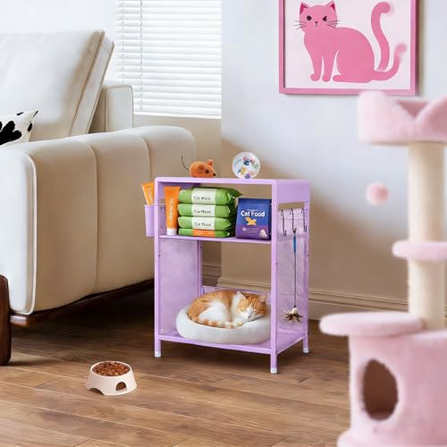 Small Purple Metal Nightstand with Storage Hooks and Adjustable Shelf