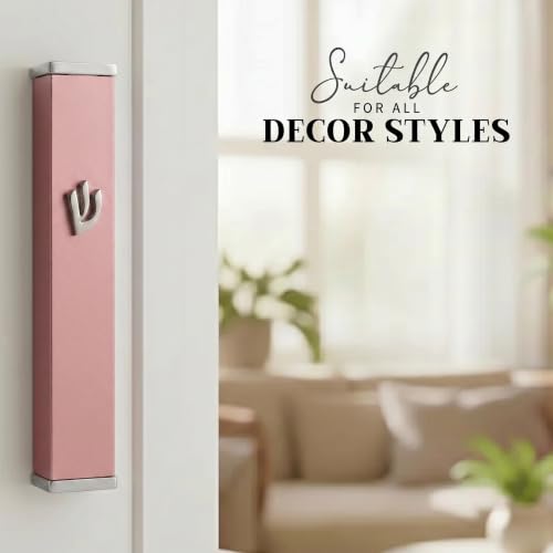3.8 Inch Pink Aluminum Mezuzah Case with Scroll, Self-Stick Door Holder