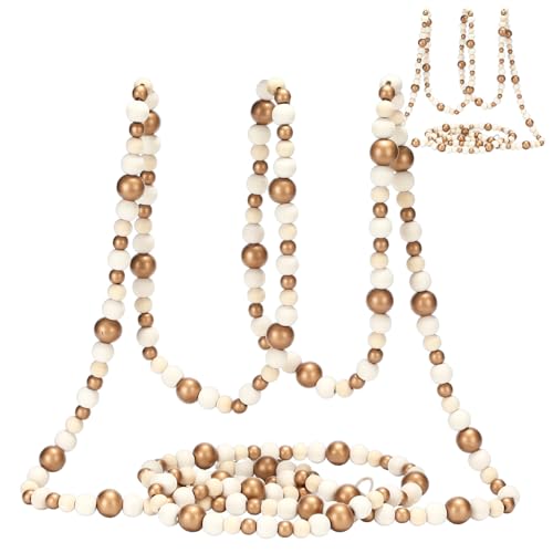 2 Pcs Christmas Wood Bead Garland - Gold & Wood Color (12ft)