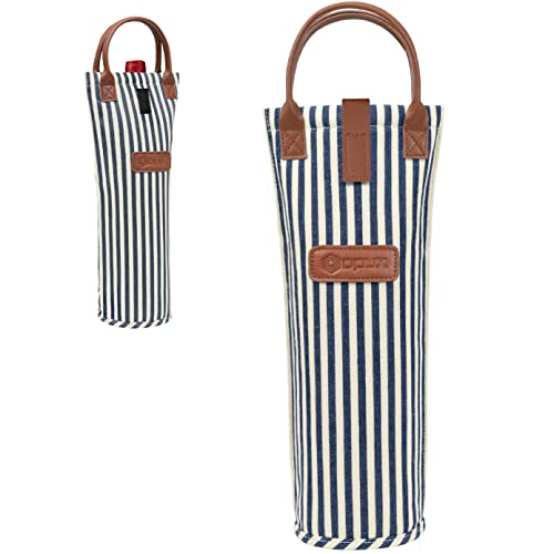 Insulated Single Bottle Wine Bag - Padded Thermal Cooler Tote, Navy Stripe