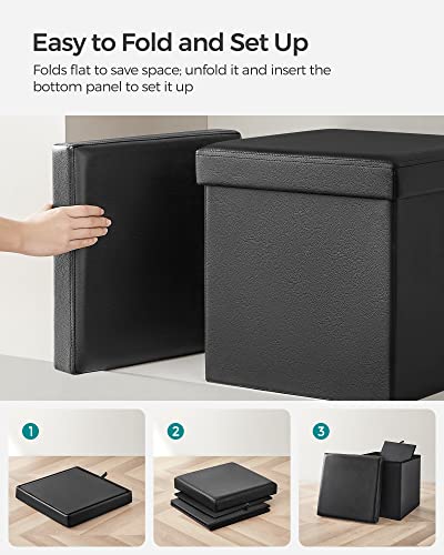 15-Inch Foldable Storage Ottoman Cube, Synthetic Leather Footstool - Black