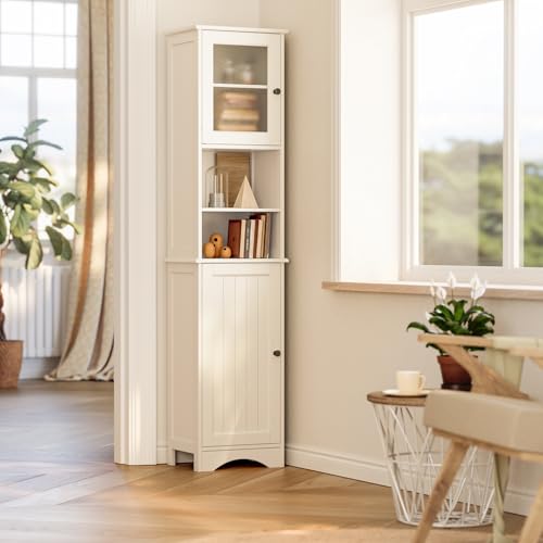 67-inch Tall Bathroom Storage Cabinet with Adjustable Shelves & Glass Doors