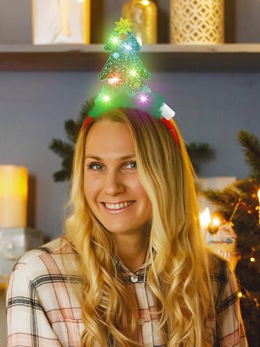 HOVACY 3 Pcs Light Up Christmas Headbands - Tree, Santa Hat & Elf Headwear, Flashing LED Holiday Headpieces