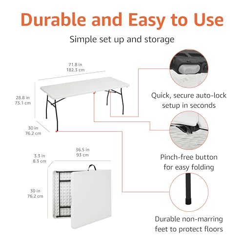 6ft Heavy Duty Portable Folding Table - Fold-in-Half with Handle, White