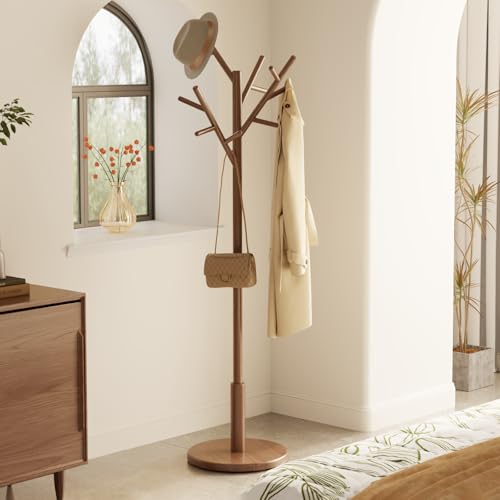 Solid Wood Freestanding Coat Rack with 12 Hooks, Adjustable Height Coat Tree