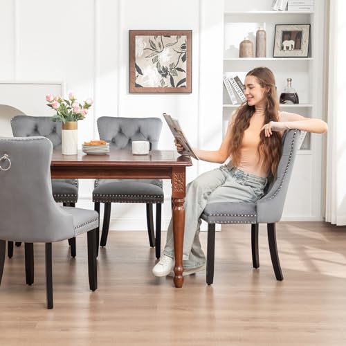 Velvet Upholstered Dining Chairs with Button Back, Set of 4, Grey