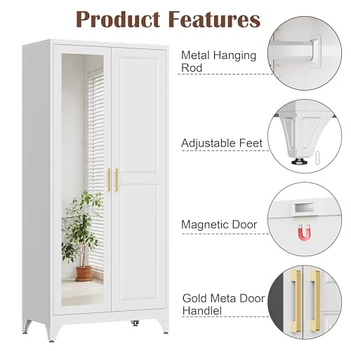 71-Inch Metal Wardrobe Closet with Mirror Door and Adjustable Shelves