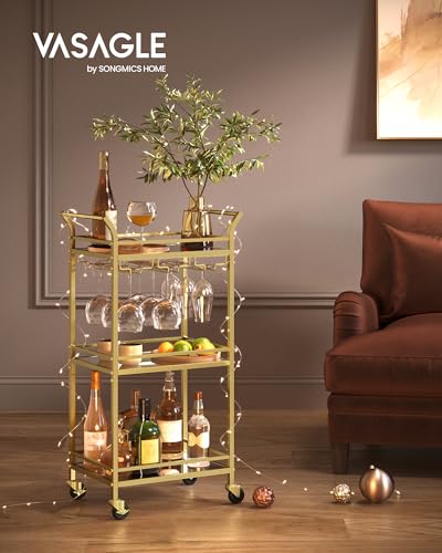 3-Tier Gold Rolling Bar Cart with Mirrored Glass Shelves and Wine Glass Racks