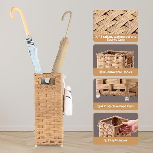 Hand-Woven Rattan Umbrella Stand with Drip Tray and Hooks, 16.5-inch