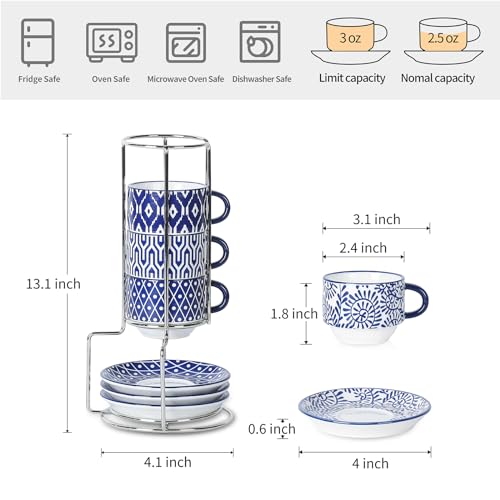 Vintage Blue Selamica 2.5 Oz Ceramic Espresso Cups with Saucers & Metal Stand - Set of 4