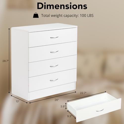 Modern 4-Drawer Dresser, White Minimalist Storage Chest for Bedroom