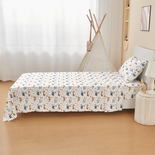 Lasoftan Boys Twin Sheet Set - 3-Piece Blue Excavator Soft Microfiber Bedding