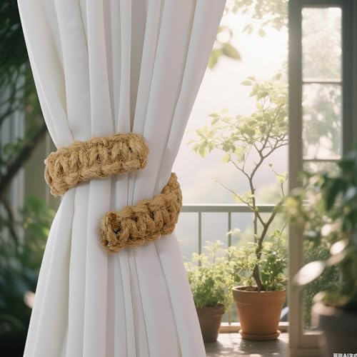 Braided Rope Curtain Tiebacks - 4 Pack, Flexible Boho Farmhouse Holdbacks