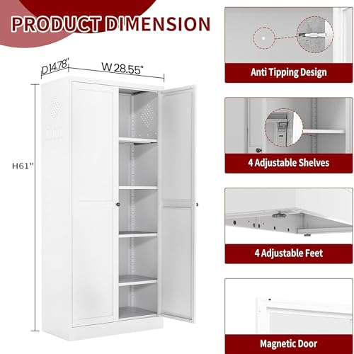 61" White Kitchen Pantry Storage Cabinet with 4 Adjustable Shelves & 2 Doors