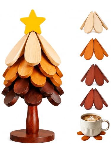 KOWINDA Christmas Tree Coasters Set of 5 with Stand – Foldable Heat-Resistant Trivets (Colorful-star) for Pots & Pans