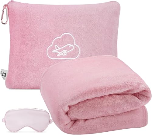 Compact Travel Blanket and Pillow Set with Eye Mask - 65x40 in, Pink