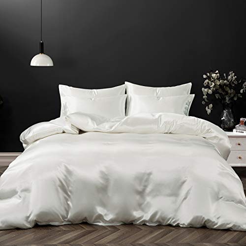 Ivory White Satin Duvet Cover Set - 5 Piece Full/Queen Bedding with Zipper