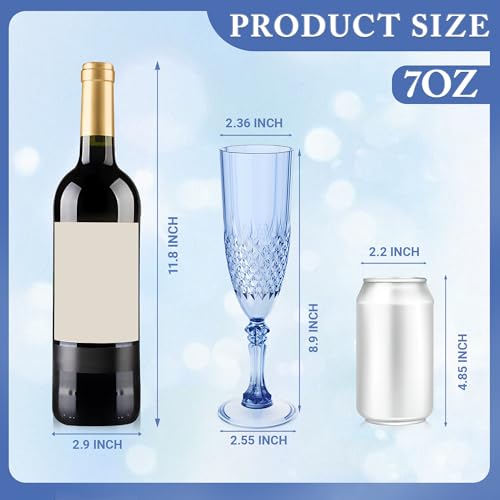 Blue Plastic Champagne Flutes Set of 24 - Reusable Disposable Wine Glasses