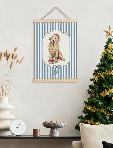 GDJIEGBC Funny Christmas Golden Retriever Wall Art Decor - Blue Stripes, 12x16 Inches, Variation 3