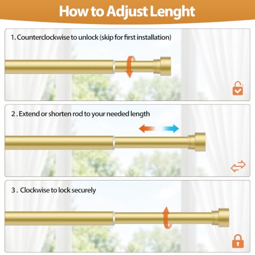 No-Drill Gold Curtain Rod - Adjustable 32 to 58 Inch Window Drapery Rod