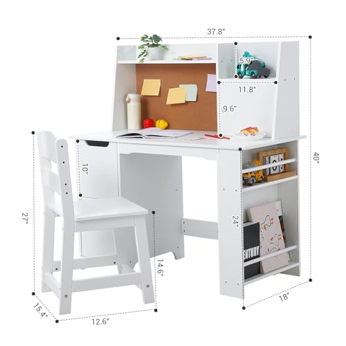 Kids Study Desk and Chair Set with Storage Shelves and Bulletin Board