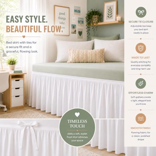 Twin XL Wrap Around Bed Skirt - 42 Inch Drop Elastic Dust Ruffle (White)
