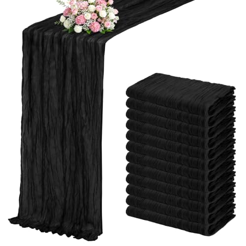 Black Boho Cheesecloth Table Runner 12 Pack 17x108 Inches - Elegant Sheer Gauze for Weddings & Events