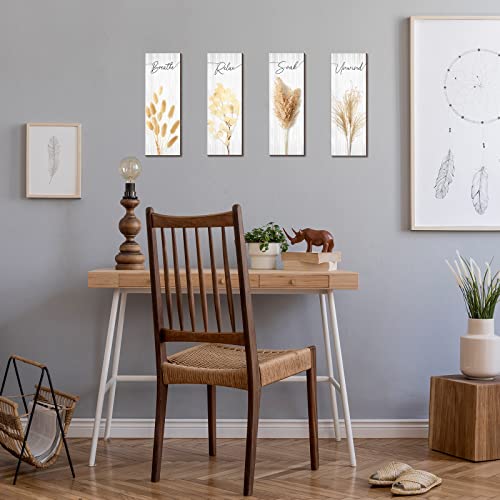 4-Piece Boho Wooden Bathroom Wall Art Set, Rustic Relax Soak Unwind Decor