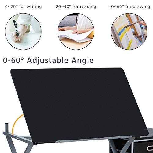 Adjustable Drafting Table with Storage Drawers and Padded Stool