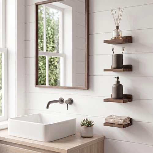 Small Floating Wall Shelves Set of 4 - Dark Carbonized Rustic Wood