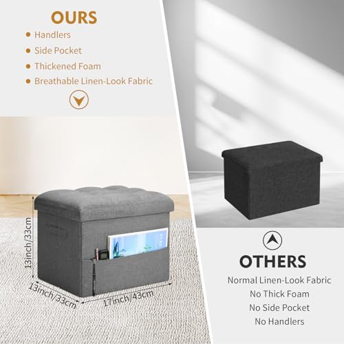 17-Inch Folding Storage Ottoman with Side Pocket, Dark Gray Linen Footstool