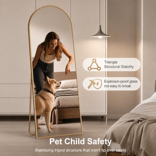 Arched Full Length Floor Mirror, 59" x 16" Gold Aluminum Body Mirror